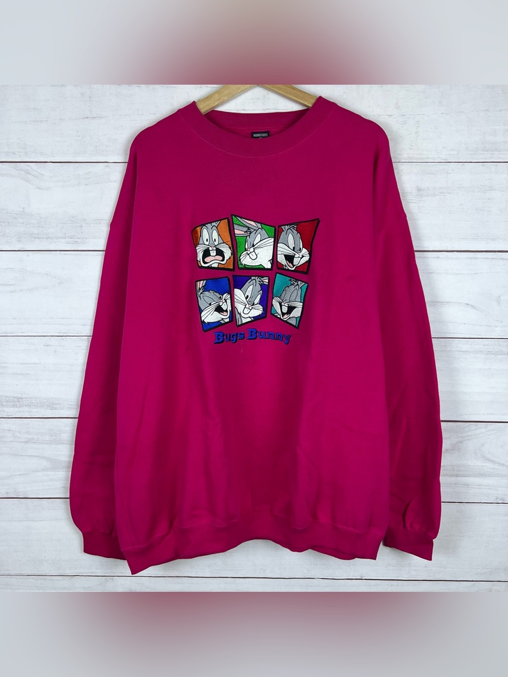 VINTAGE 90s Bugs Bunny Warner Bros 1996 Embroidered Sweatshirt Mens XL Pink